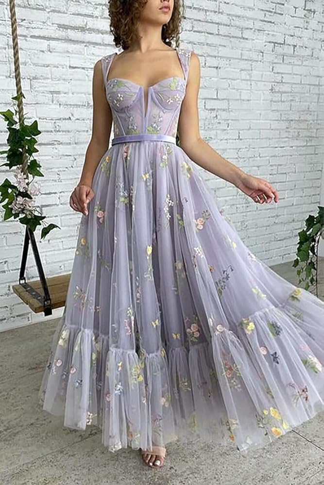 Women's Tulle Prom Dresses Flower Embroidery Sleeveless Tea